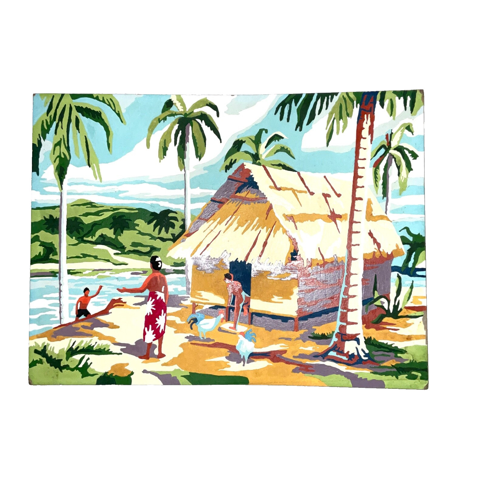 Colorful Hawaiian hand painted PAINTING paint by numbers tiki hut palm trees