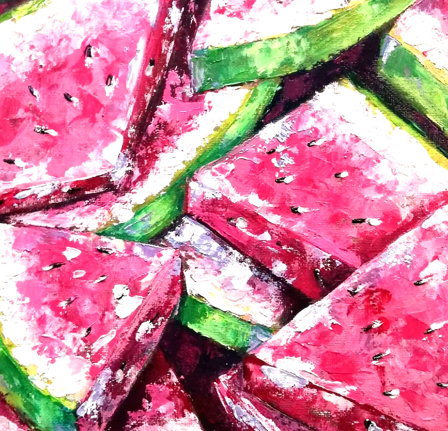 Watermelon Slice Still Life Oil Painting, Fruit Kitchen Spatula Technique 25x25cm