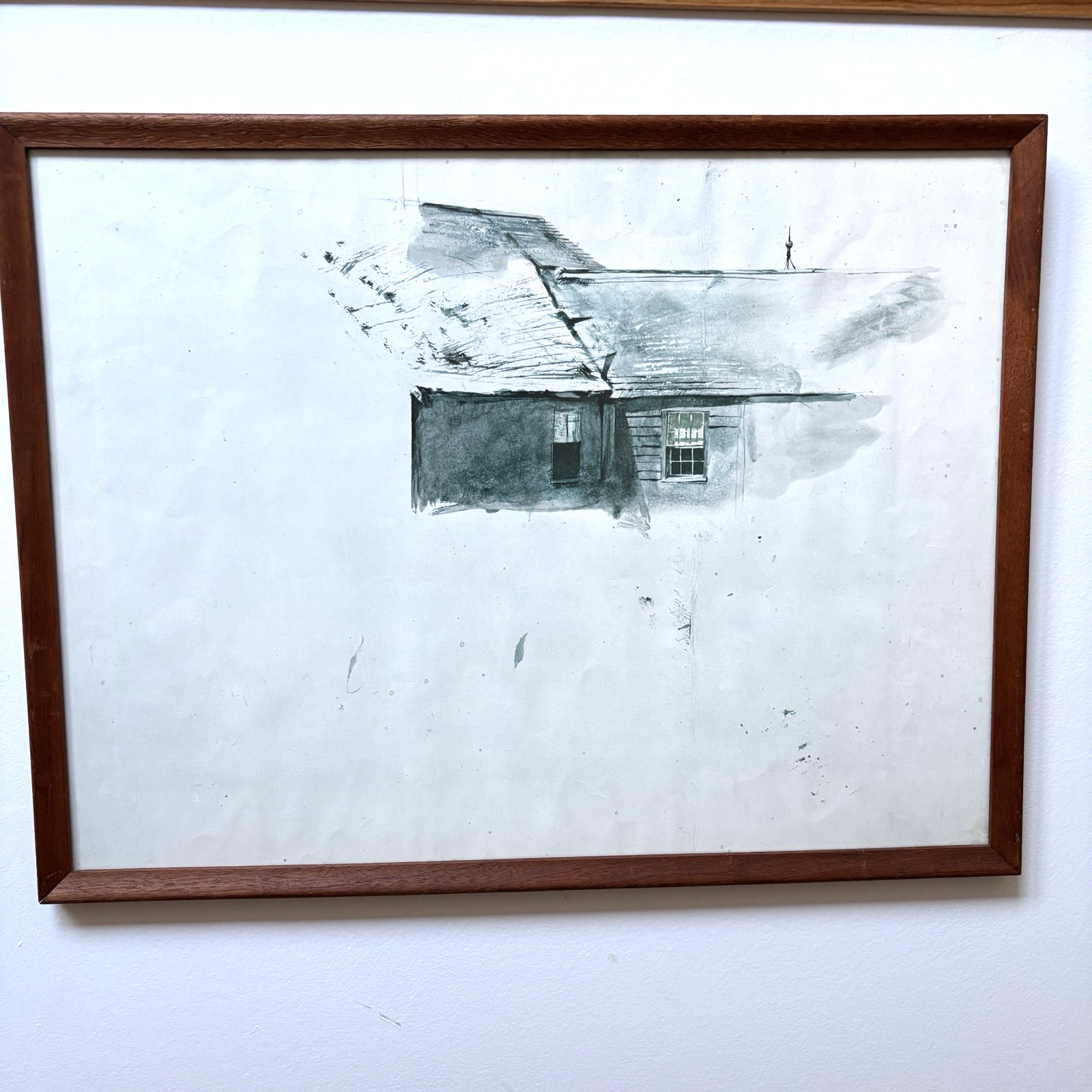 Original Ink Wash Farmhouse Painting Mid Century Modern Framed Artwork 13×17