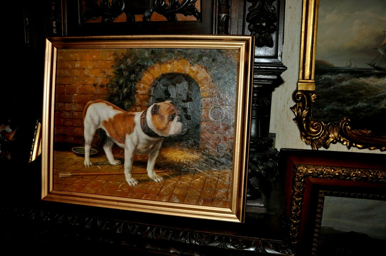 Magnificent High quality Bulldog Painting oil on canvas laid on Board
