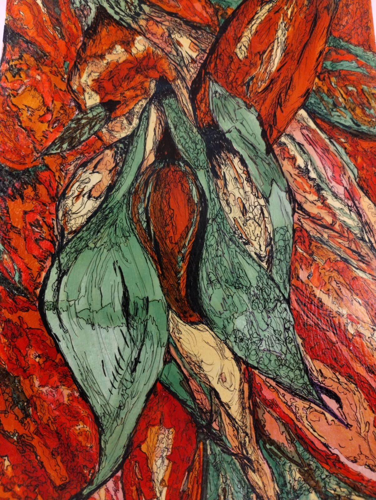 Framed Original Signed Acrylic Modern Painting Heavy Paper Bold Floral Red Green