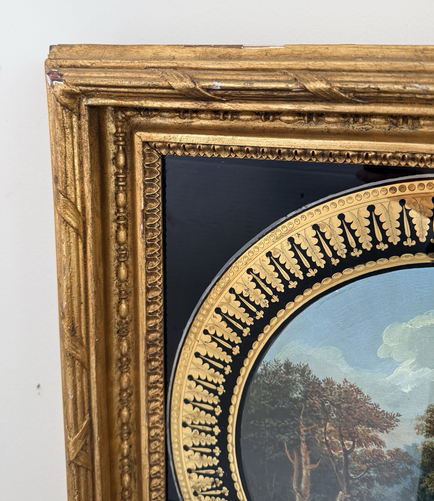 Rare 19th Century Reverse Painted Glass Pastoral Landscape in Giltwood Frame