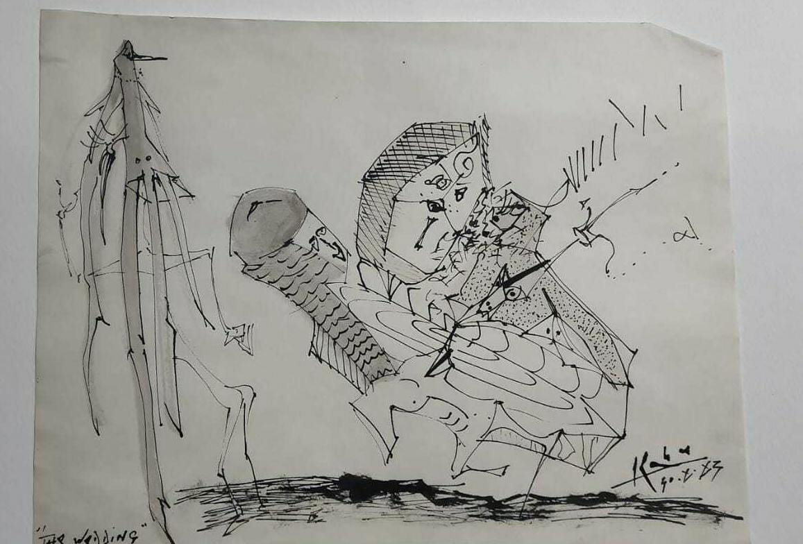 FINE PAINTING : Kahn – 1983 – Ink Drawing on paper / Very rare «The Weddingg»