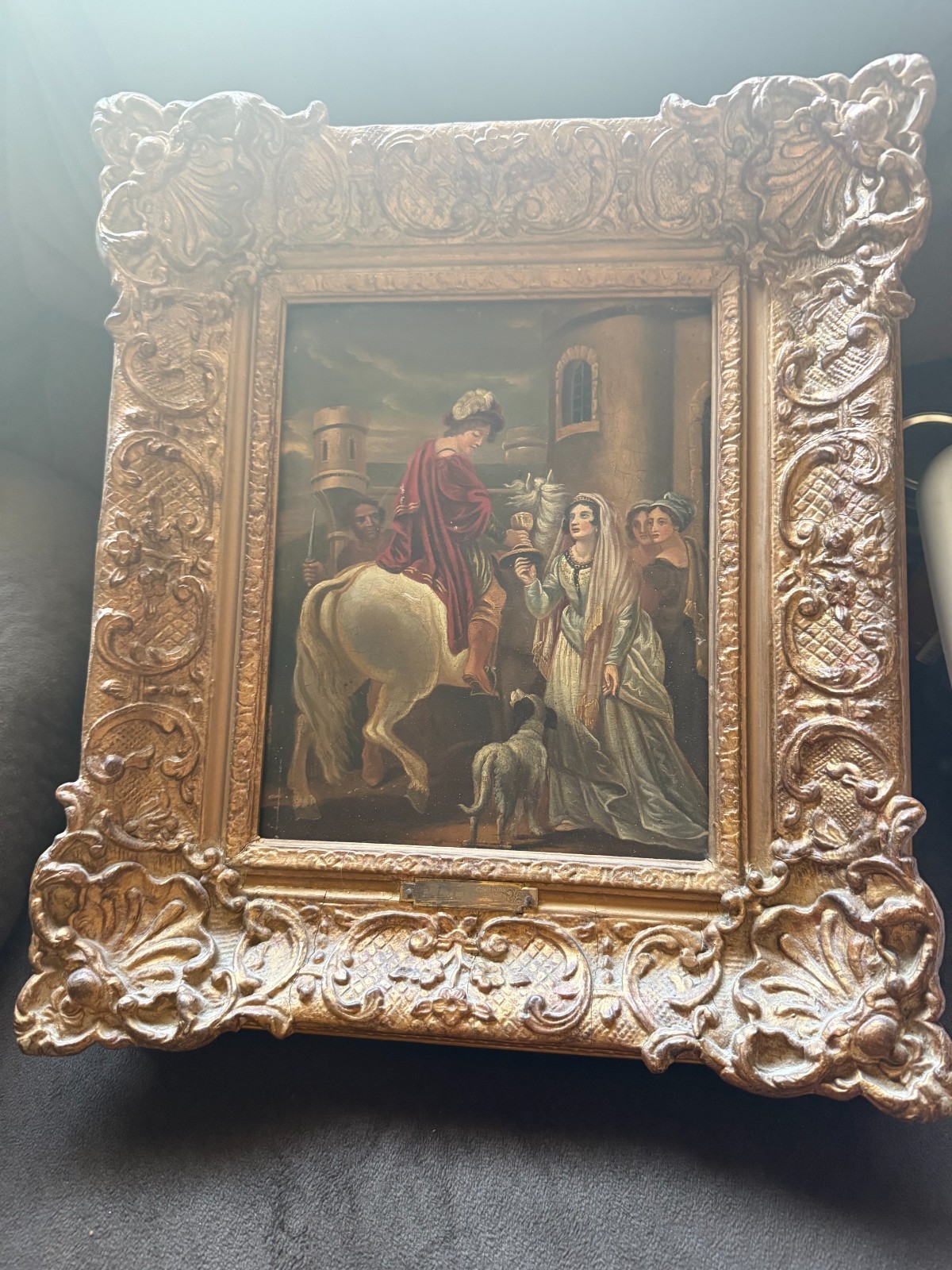 Vintage Hand-Painted Tin Metal Panel Medieval Scene Ornate Gold Frame Horse Dog