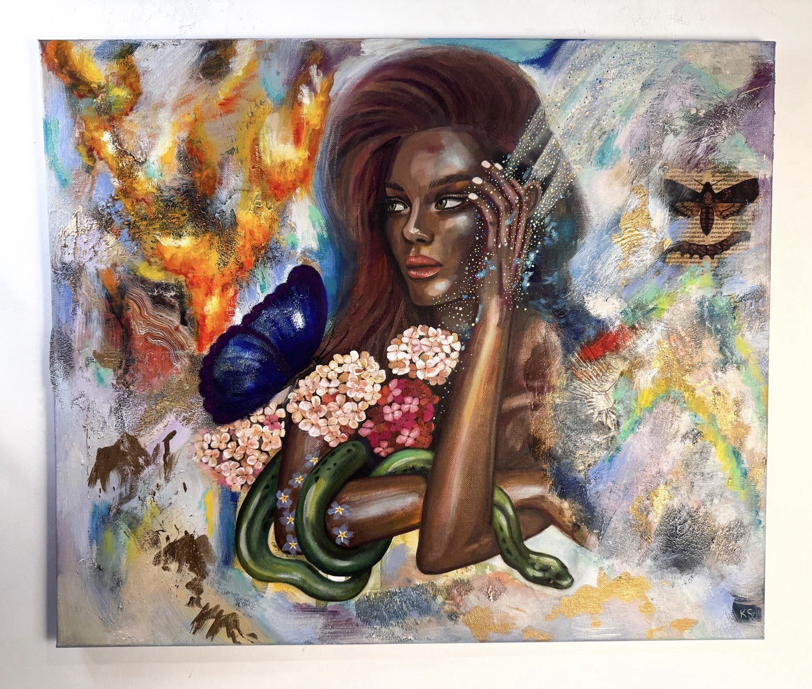 “Moondust” Acrylic and Oil on Canvas 20”x24” Painting Woman Snake Flowers