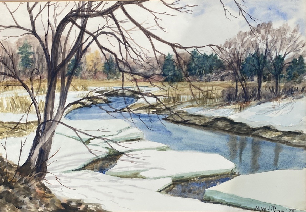 Signed 1978 Watercolor Painting Winter River Snow Landscape Mary Whiting