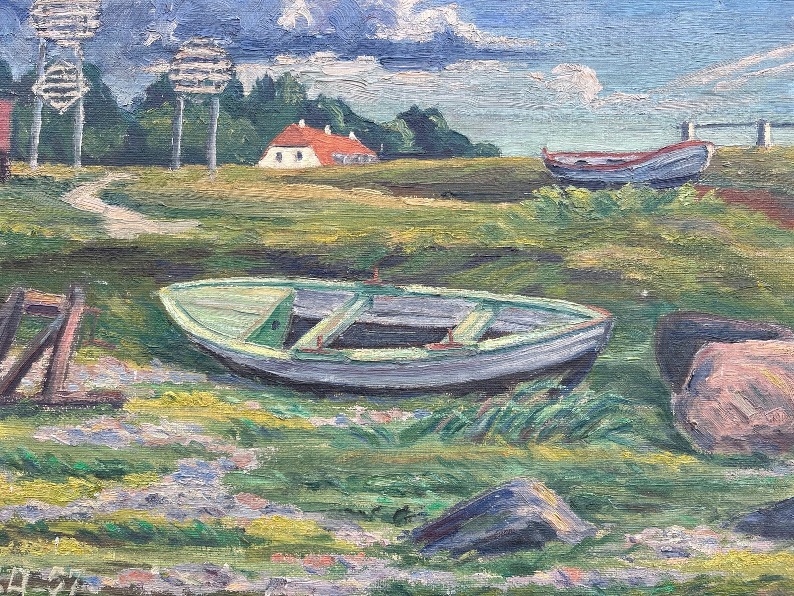 Impressionist Danish Coastal Landscape Boats At Shore Fishing Village Summer Day
