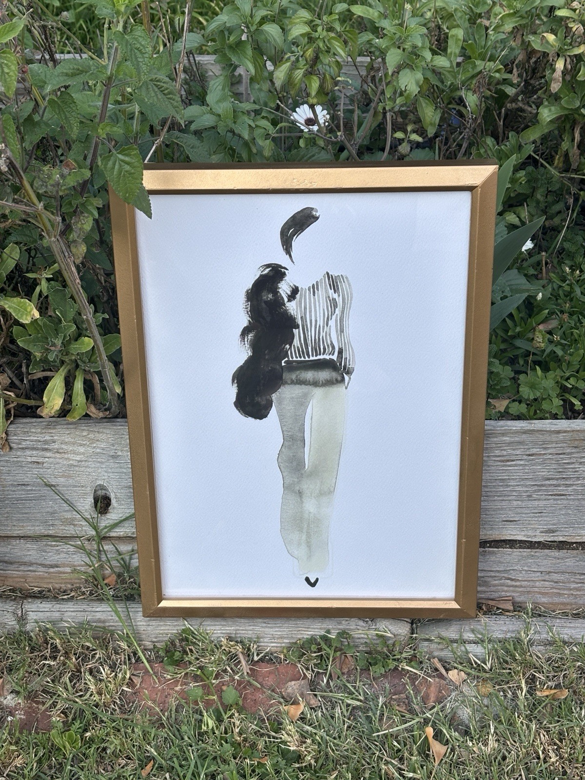 VNTG Modern Fashion Runway Figure Ink Wash Watercolor Framed Painting