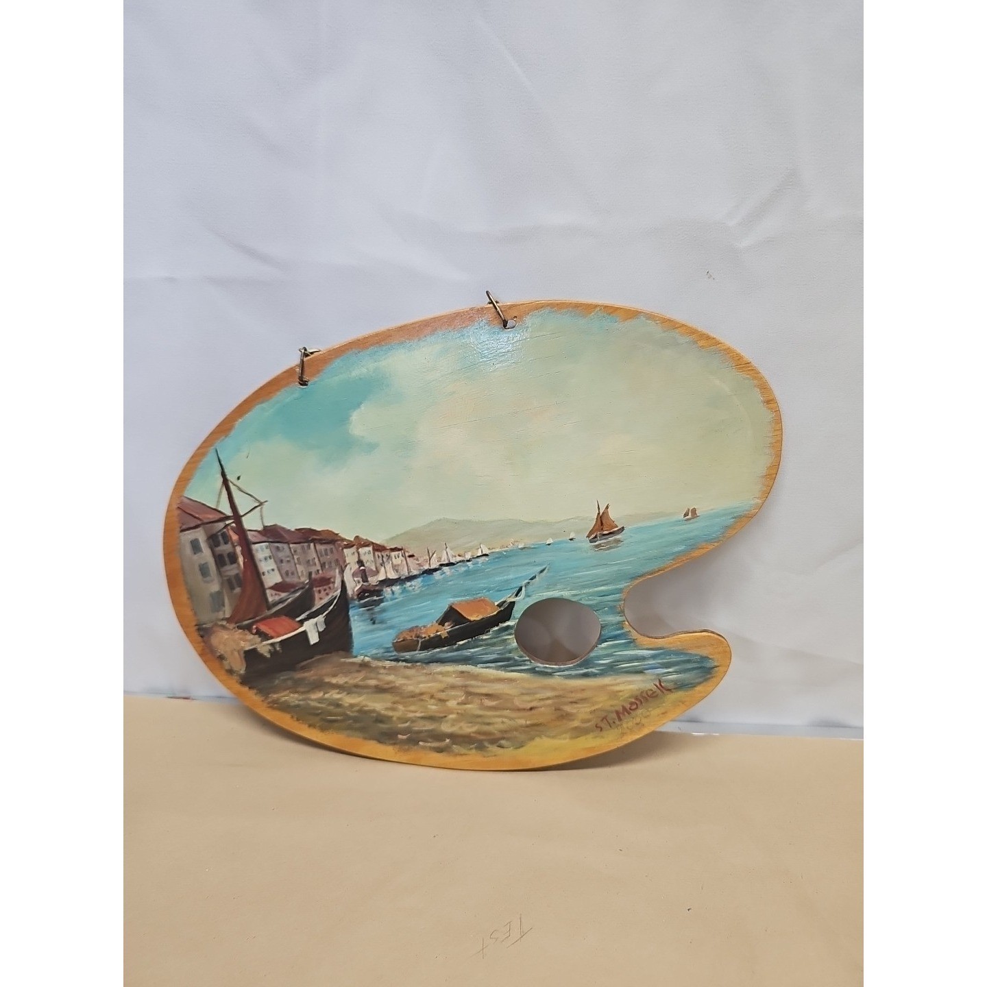 Vintage Nature Oil On Wood Waterfront Painting Palette Signed ST Massek Sz 13×9