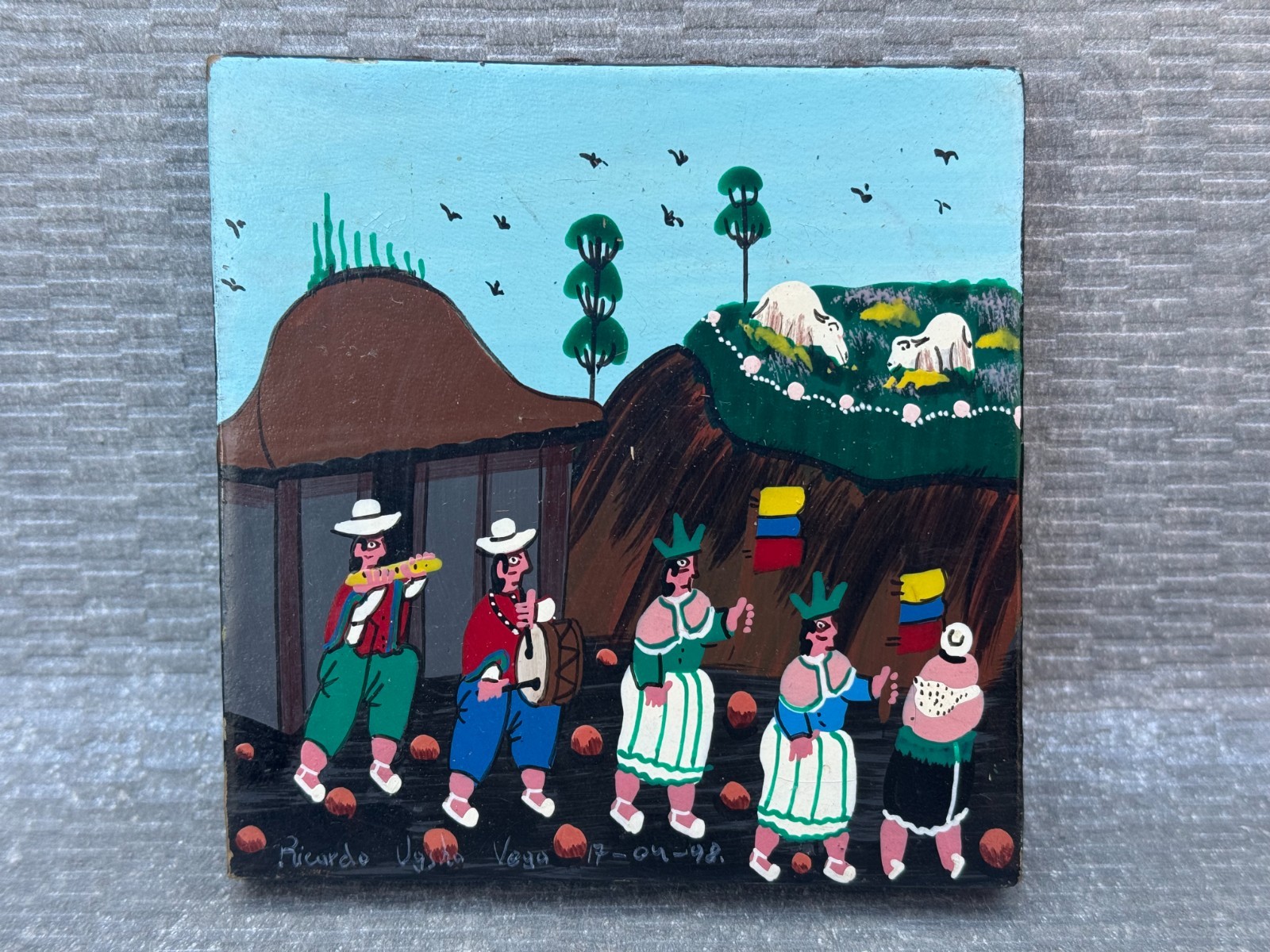 2 ALBERTO RICARDO VEGA ORIGINAL TIGUA PAINTING PERU PERUVIAN FOLK ART ON LEATHER