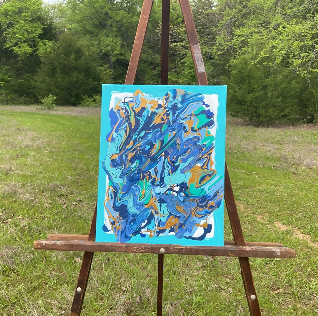 Original Abstract BLUE Pour Painting Acrylic Canvas One of a Kind Signed COA