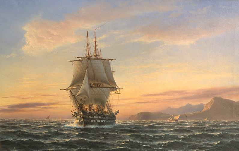 High-quality oil painting seascape ship big sail boat on ocean sunset