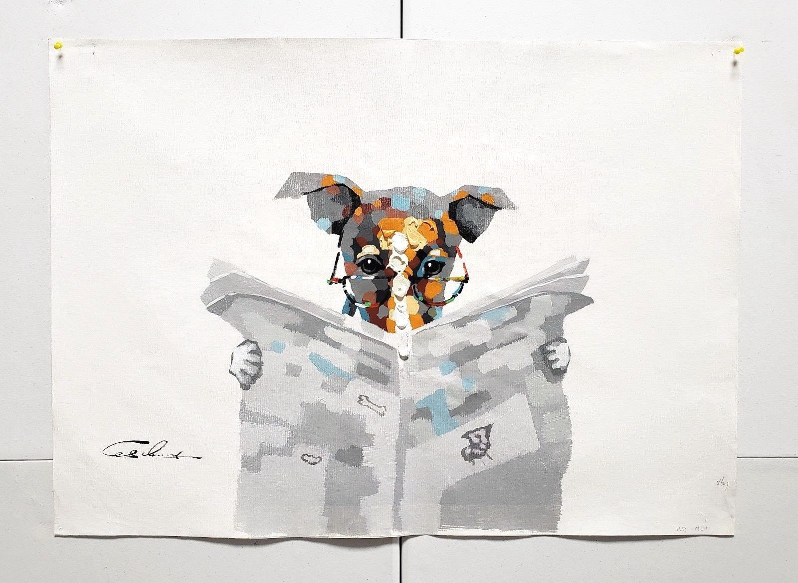 Modern Style Dog, Terrier reading News paper 24×36 Hand painted on Giclee Canvas