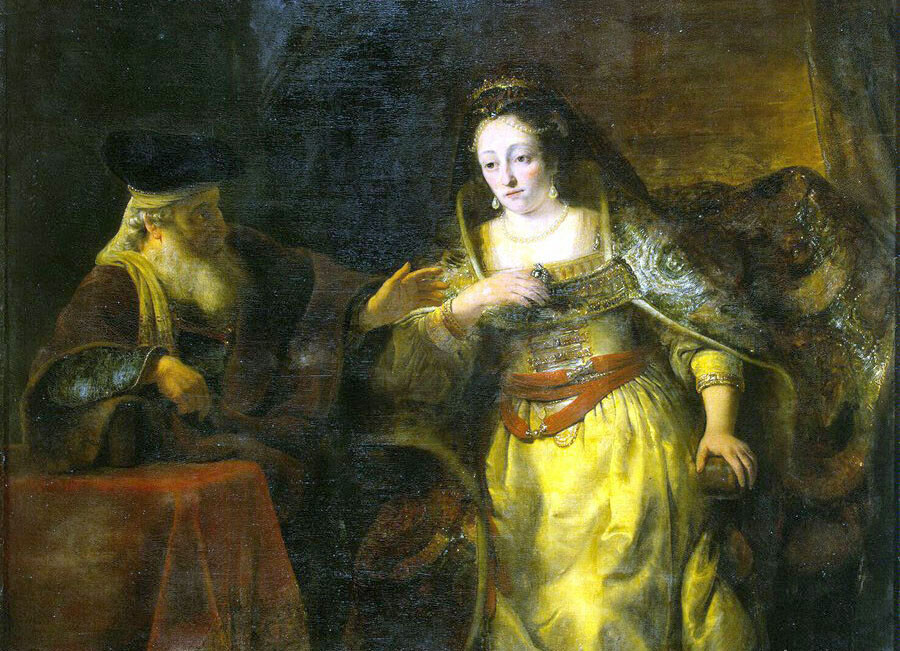 Oil painting ferdinand bol Esther and Mardochai woman with old man hand painted
