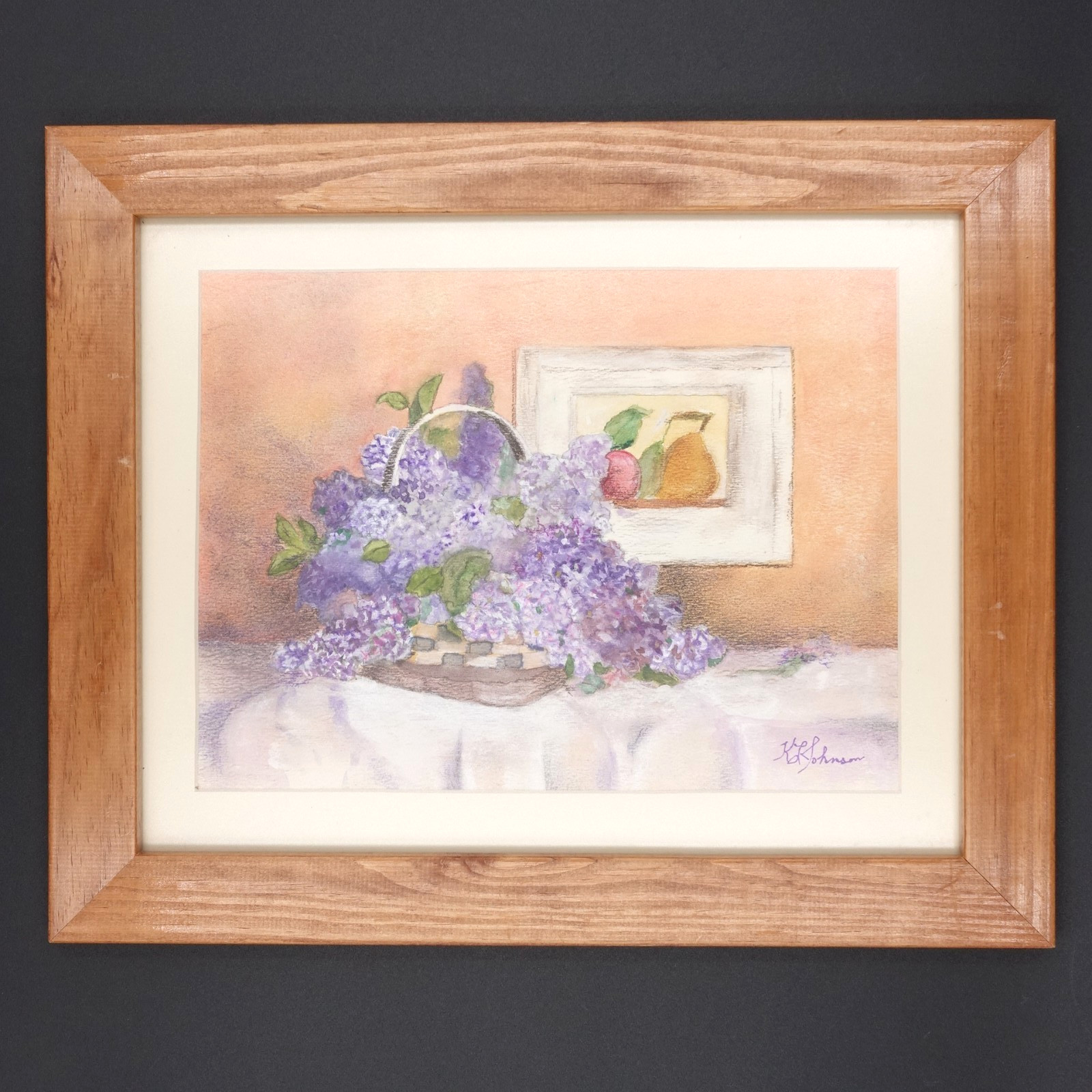 Lilacs Fruit Still Life Watercolor Print K L Johnson Framed Matted 16.5 x 13.5