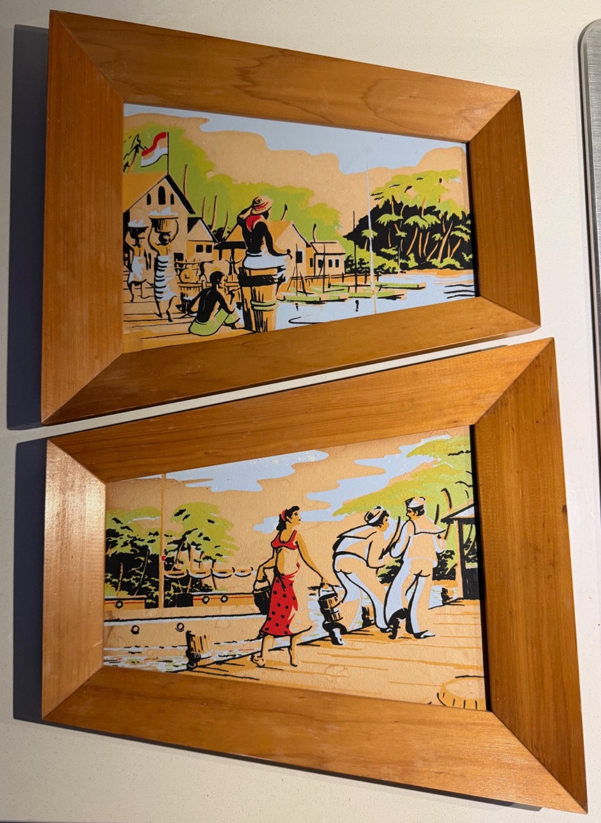 Vintage Landscape Figural Paintings Trapezoid Wood Frames Mid Century Modern Art