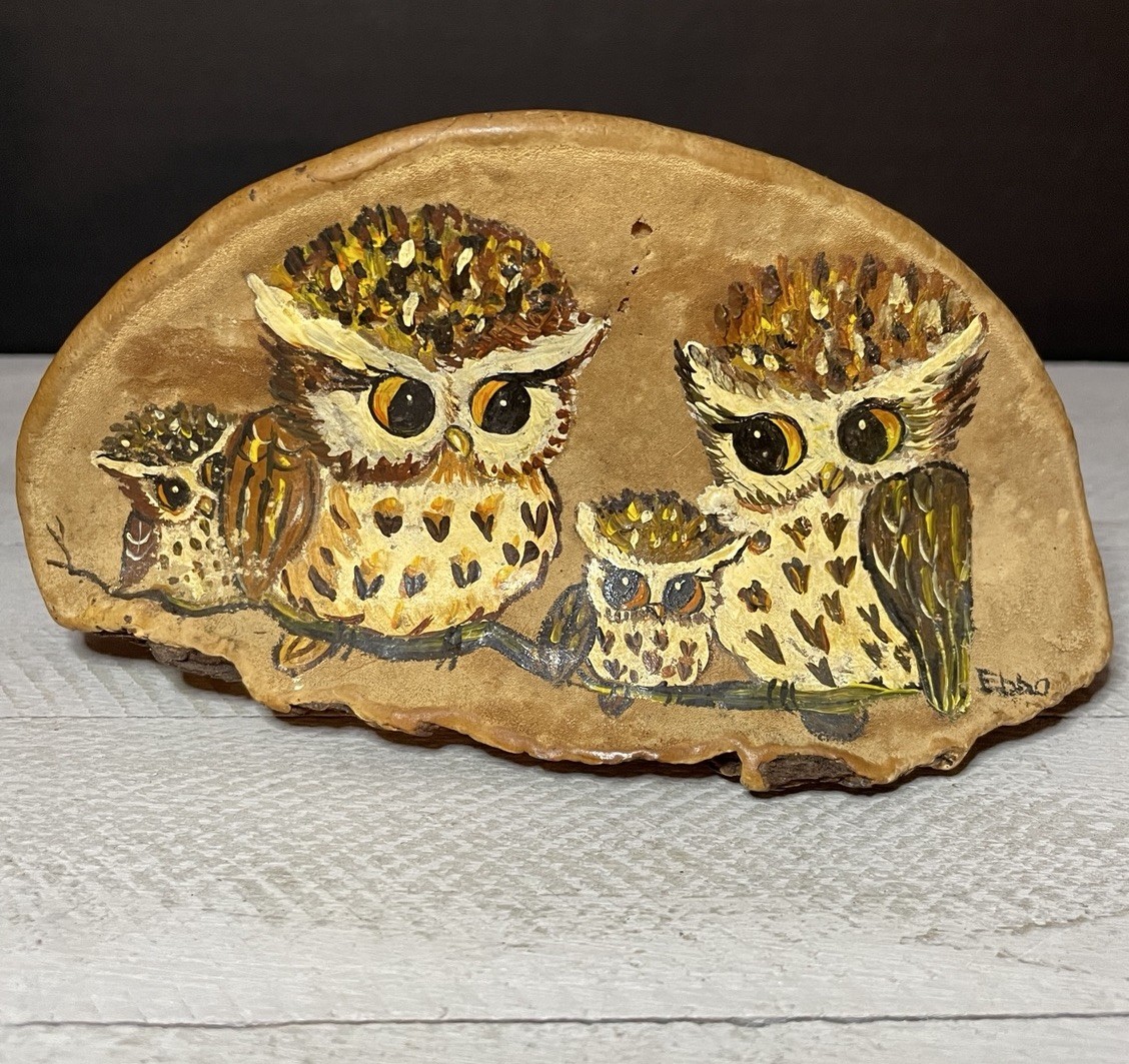 Hand Painted Owl Family On Conk Shelf Fungus With 6” X 3.75” Signed