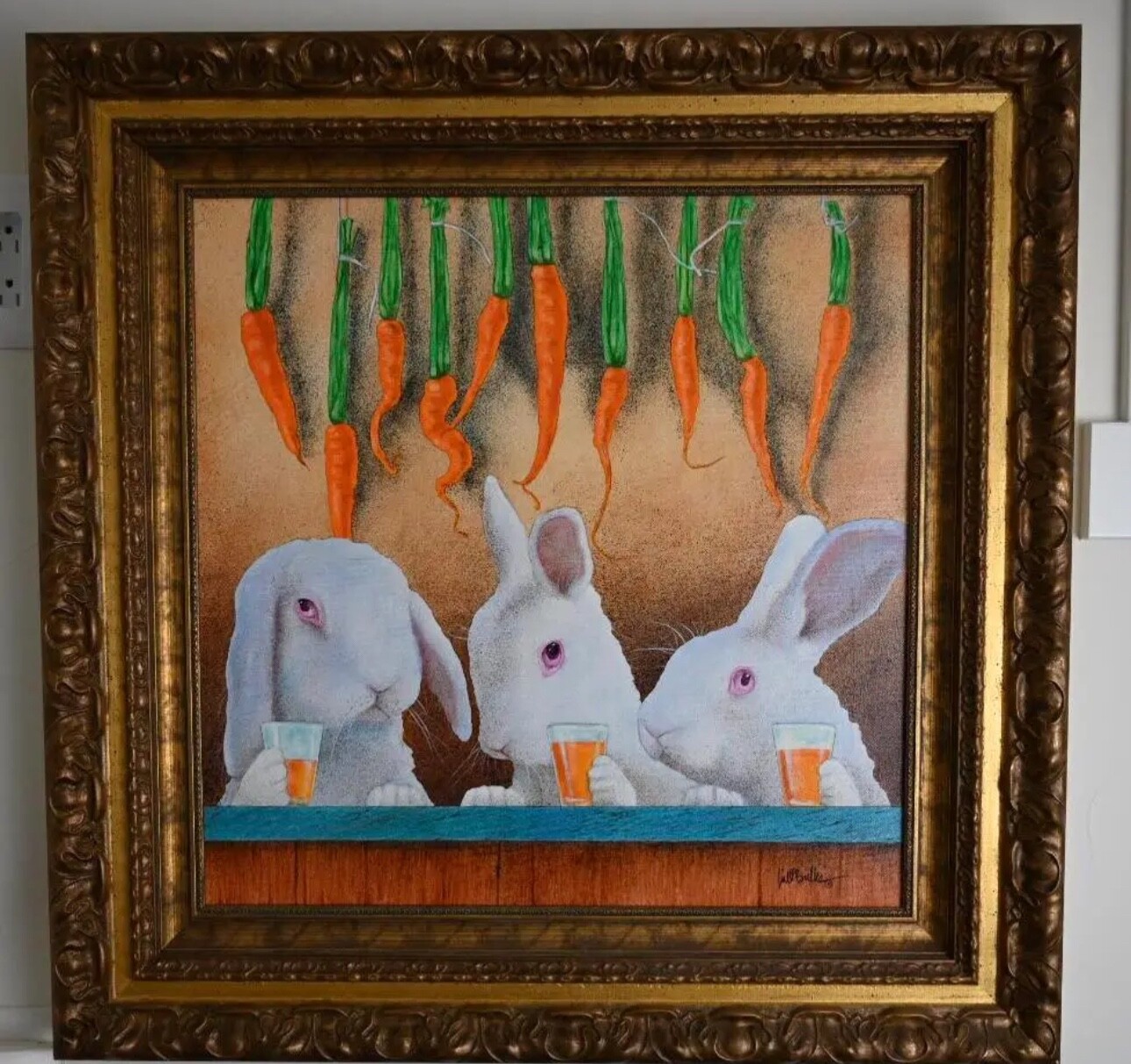 Original Will Bullas Whimsical Bunny Bar Scene – Signed Acrylic on Canvas – Fram