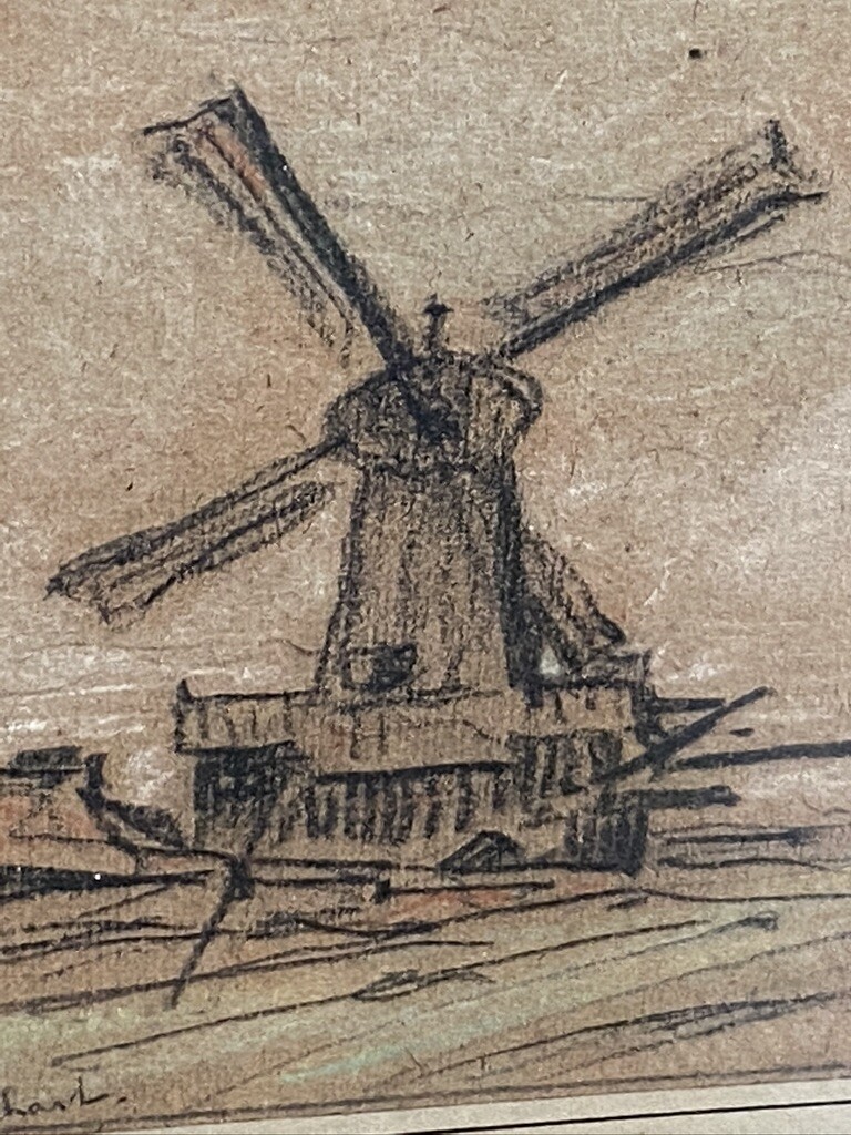 WILLEM POTHAST Antique Signed Original Drawing Windmill Netherlands Dutch 19th C