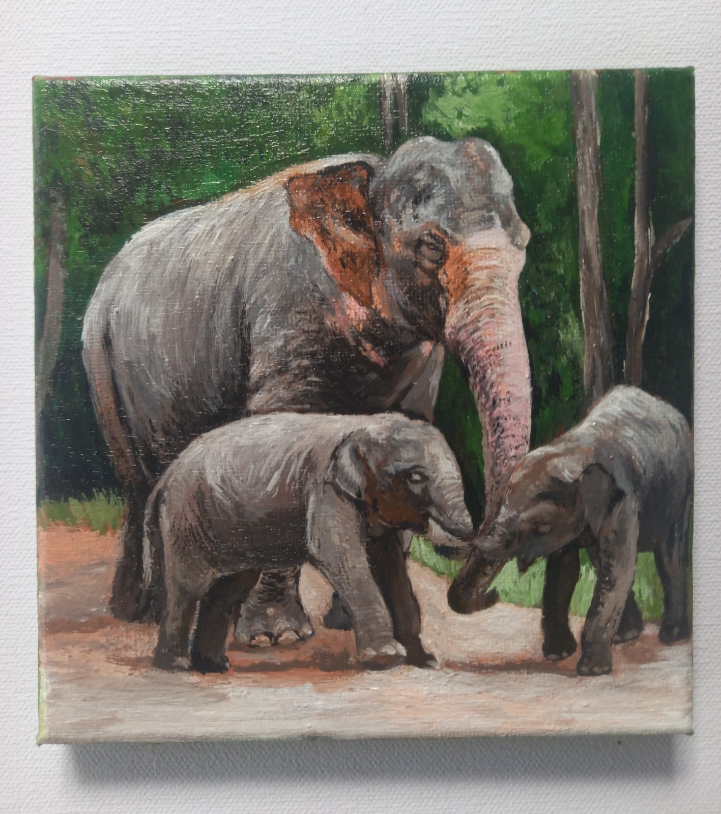Original Handmade Canvas Art – Elephant Family (Mother with Two Baby Elephants)”