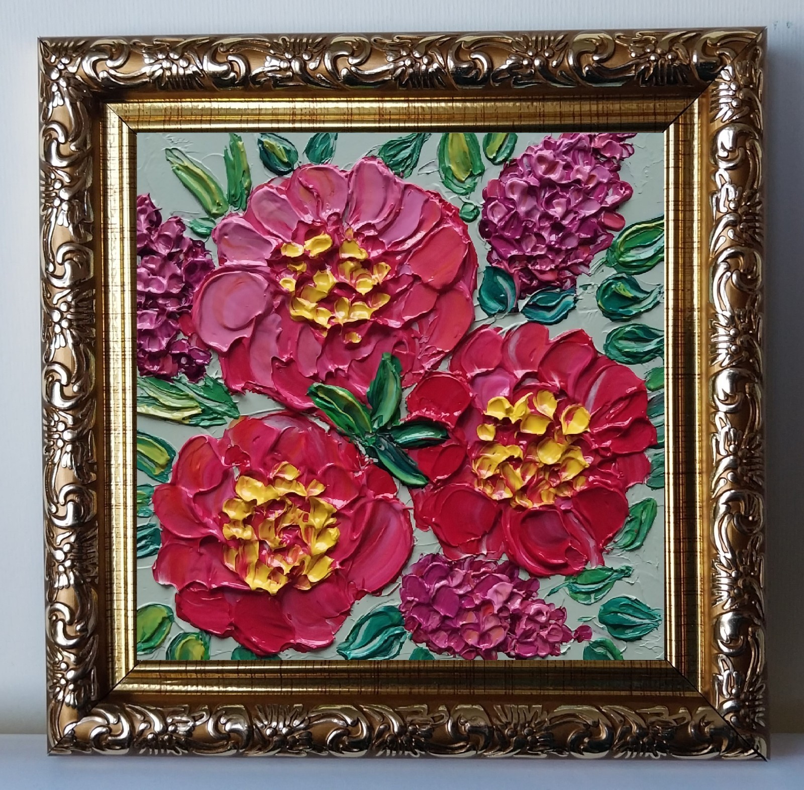 Framed Peonies and Lilacs Bouquet Flowers Art 4×4” Impasto Oil Painting Original