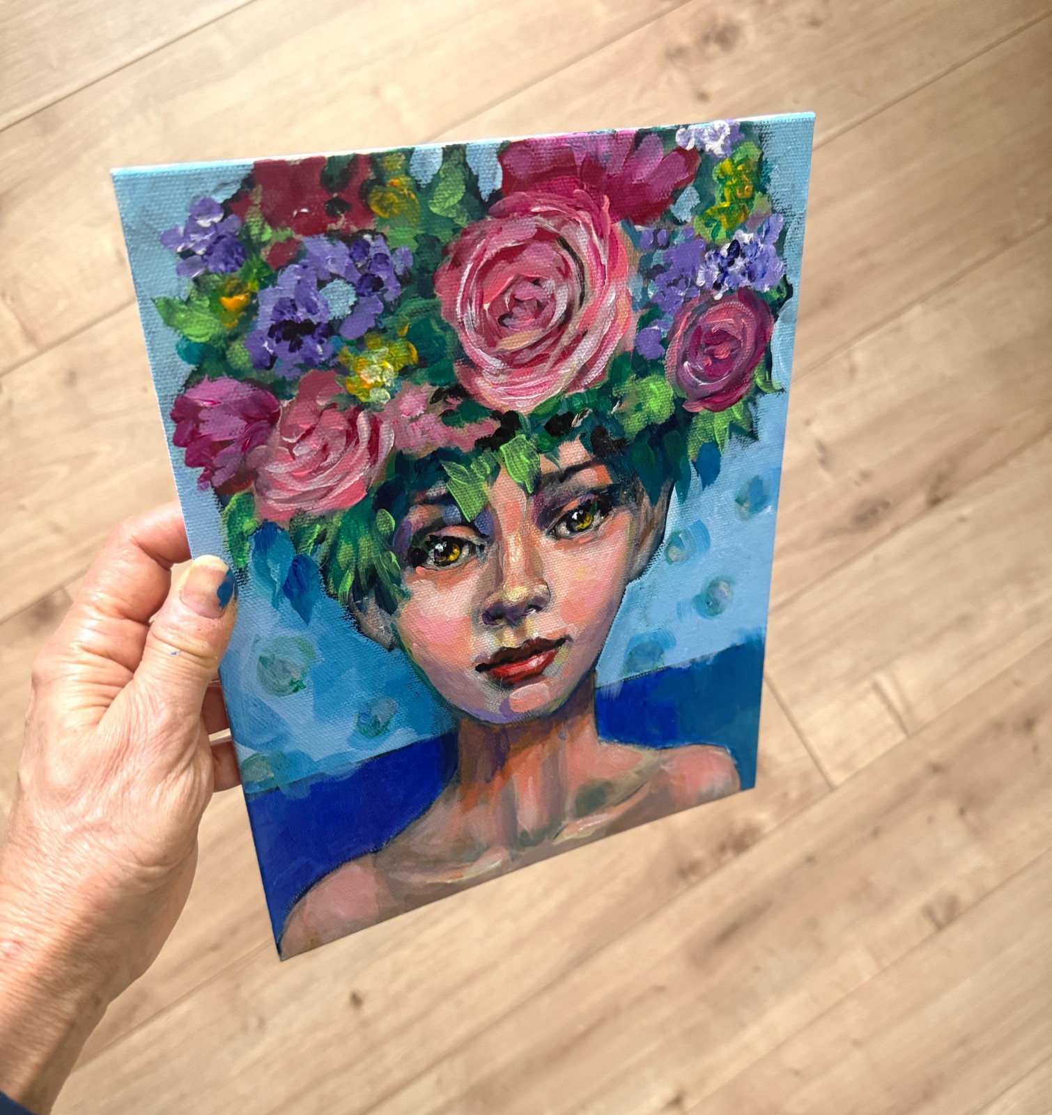Original Floral Portrait Painting Woman w/ Flower Crown Acrylic 8×10 OOAK Signed