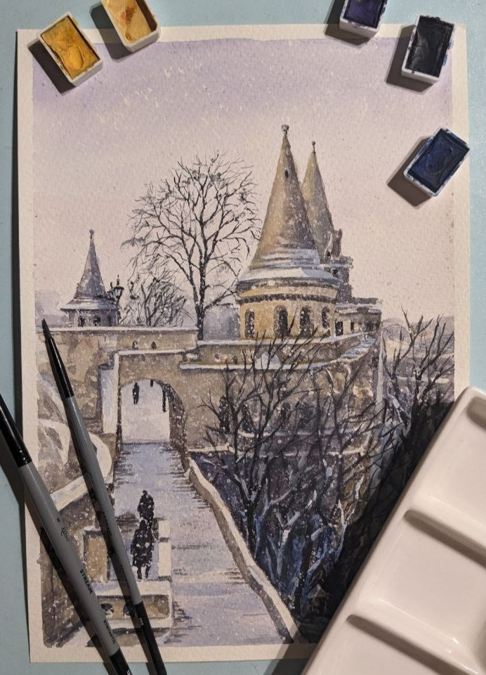 Winter Cityscape Painting European Castle Snowy Town Artwork Christmas Holiday