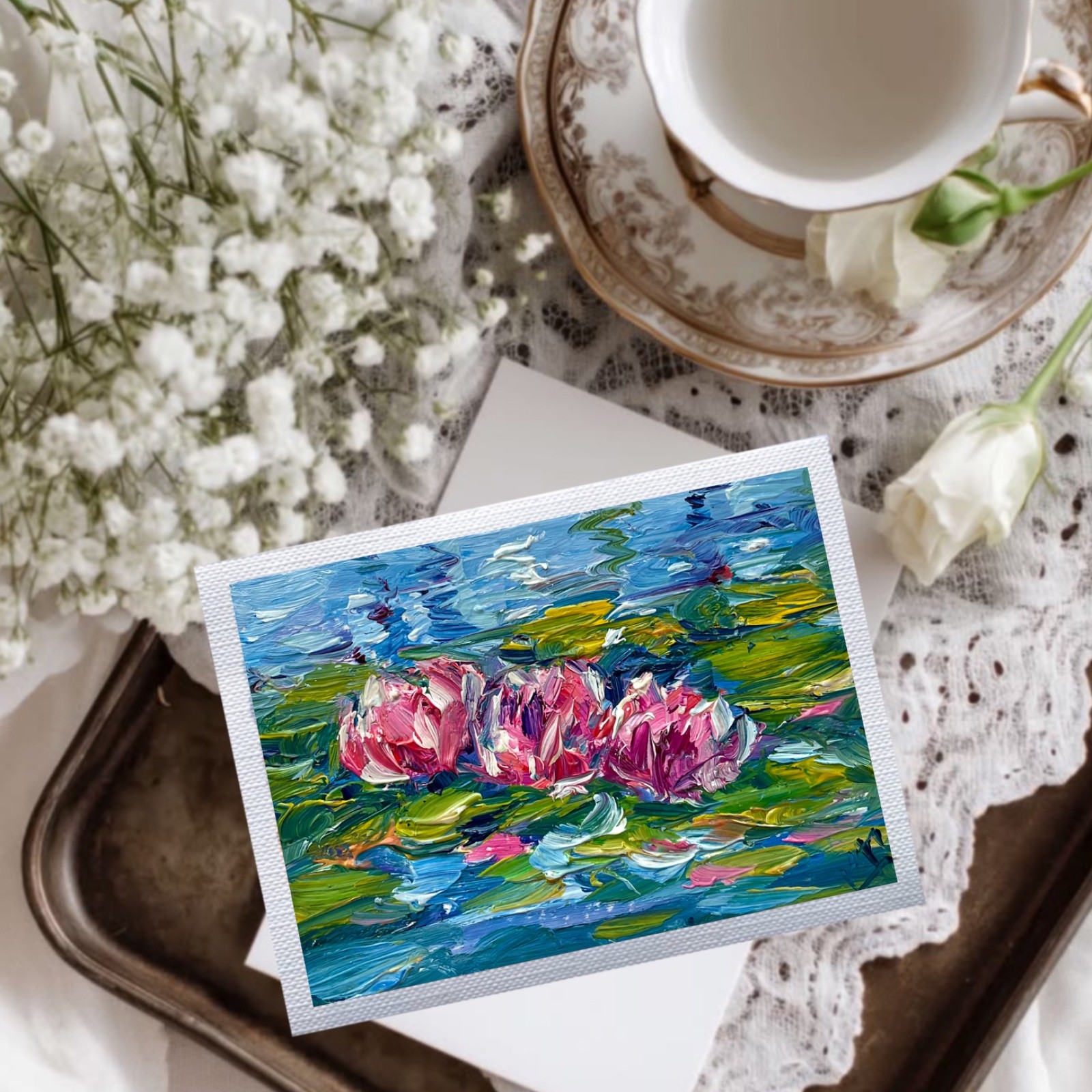 ACEO Original Oil Painting Pink Lotuses Art Cards Impasto 3.5×2.5 Signed OS