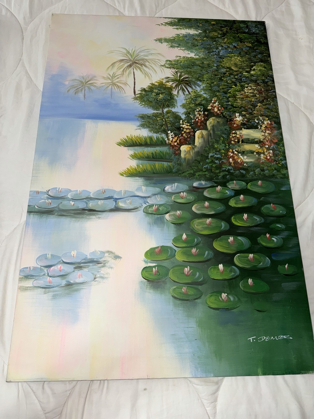 VTG 36 X 24 Painting Original Artist Signed Water Lillies