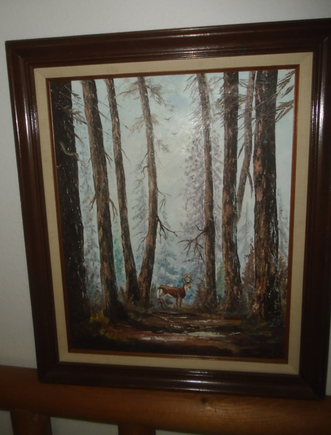 KAYE BAKER Large Vintage Oil Painting Deer In Woods Framed Wildlife Wall Art