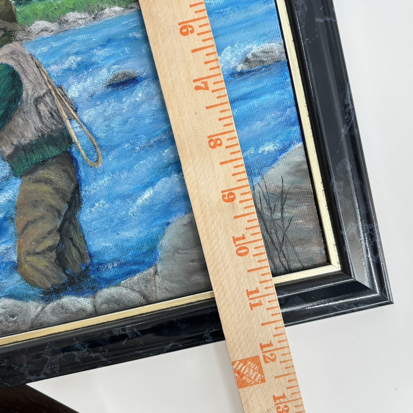 Vtg Fly Fishing Painting Maine River Scene Angler Landscape 8×10 Framed