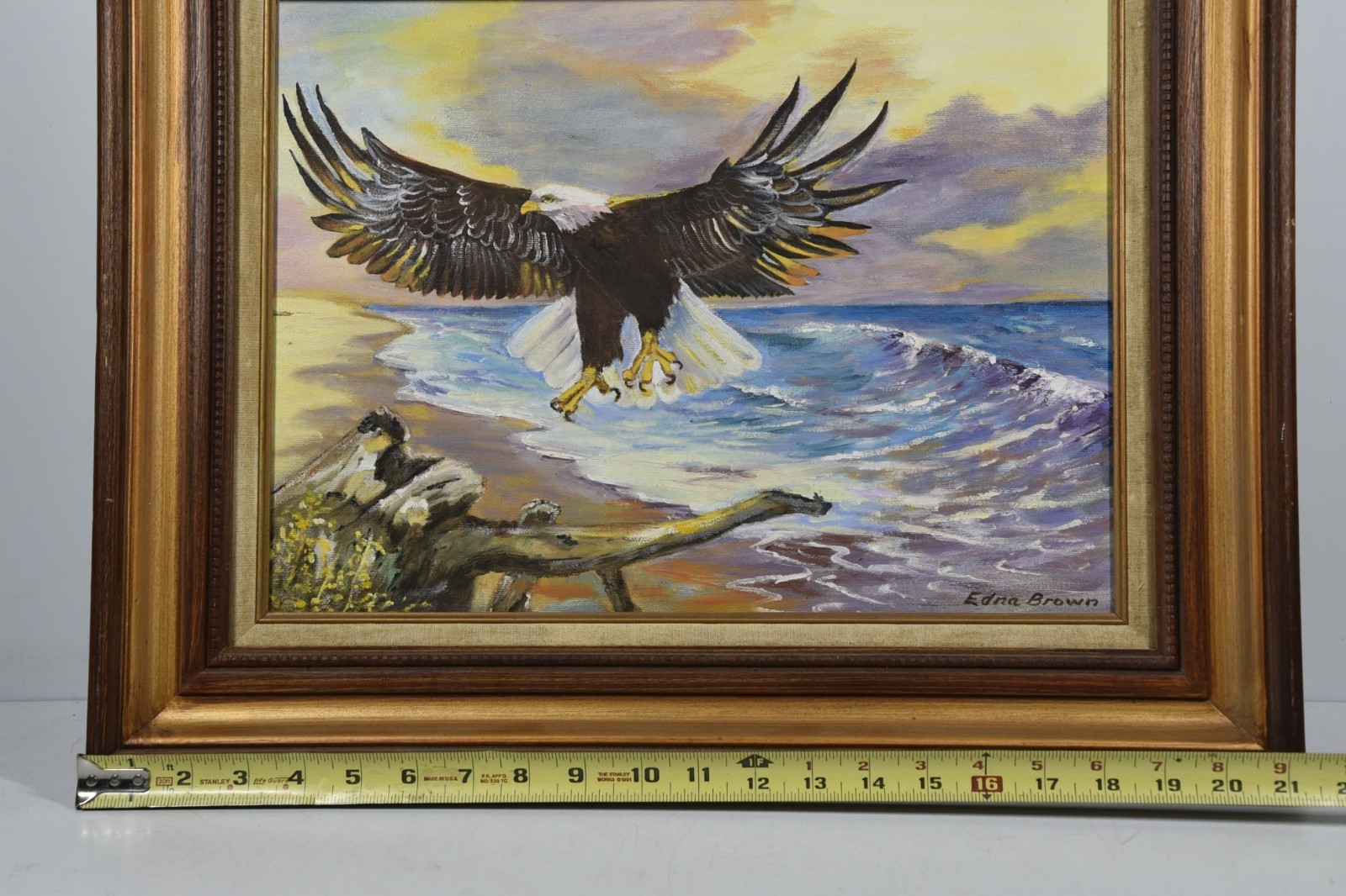 Vintage Bald Eagle Flying by Ocean Beach House Seascape Bird Original Art Framed
