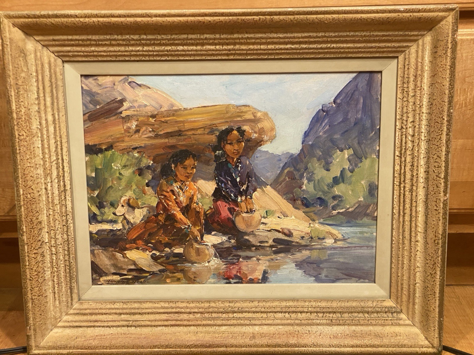 Marjorie Reed(1915-1996) “Navajo Sisters At The Waterhole” Oil on Board Painting
