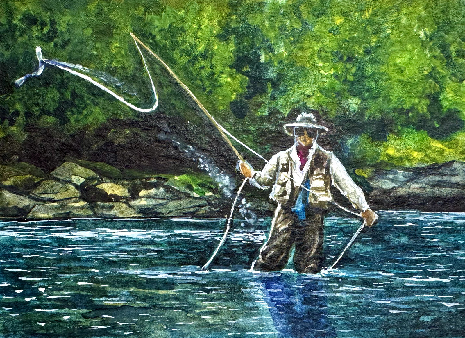 Watercolor Painting Fishing Fisherman River Landscape Nature ACEO Art No.397