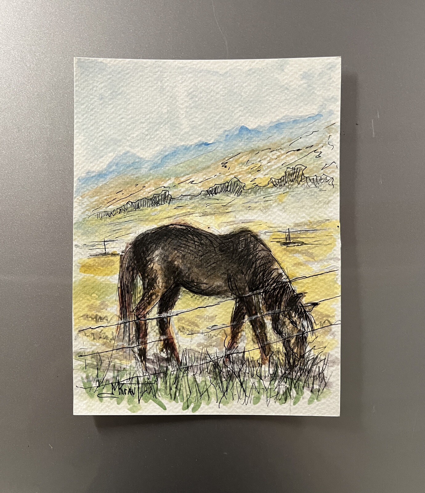 Original Watercolor Ink Painting Ranch Horse Remington Inspired Western Art CoA