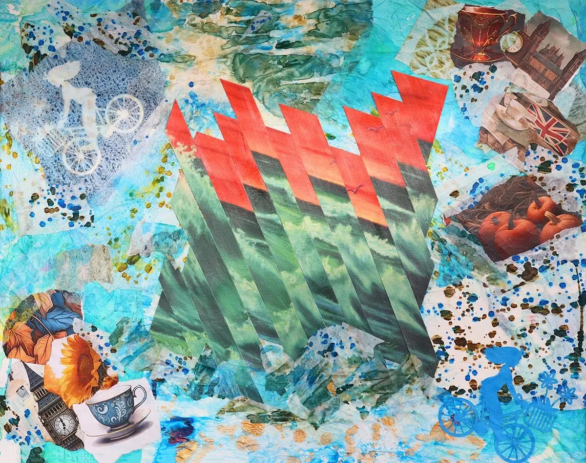 original abstract collage painting on canvas 20×16 mixed media art blue layered