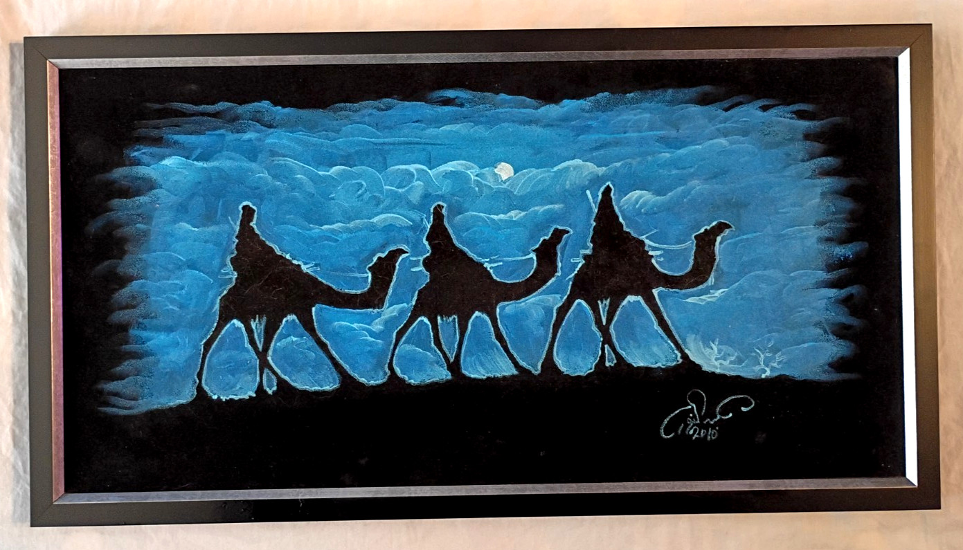 3 Wise Men On Camels Religious Christian Black Velvet Painting 25″ x 13″ Signed