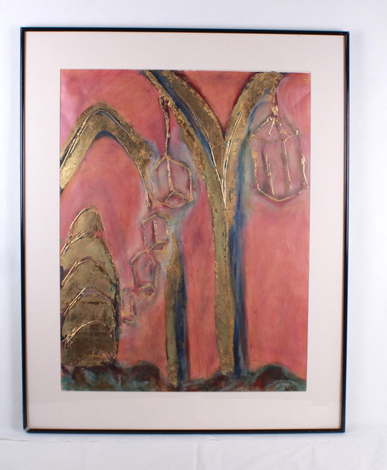 Mid Century Red And Gold Abstract Mixed Media Painting Signed Nail