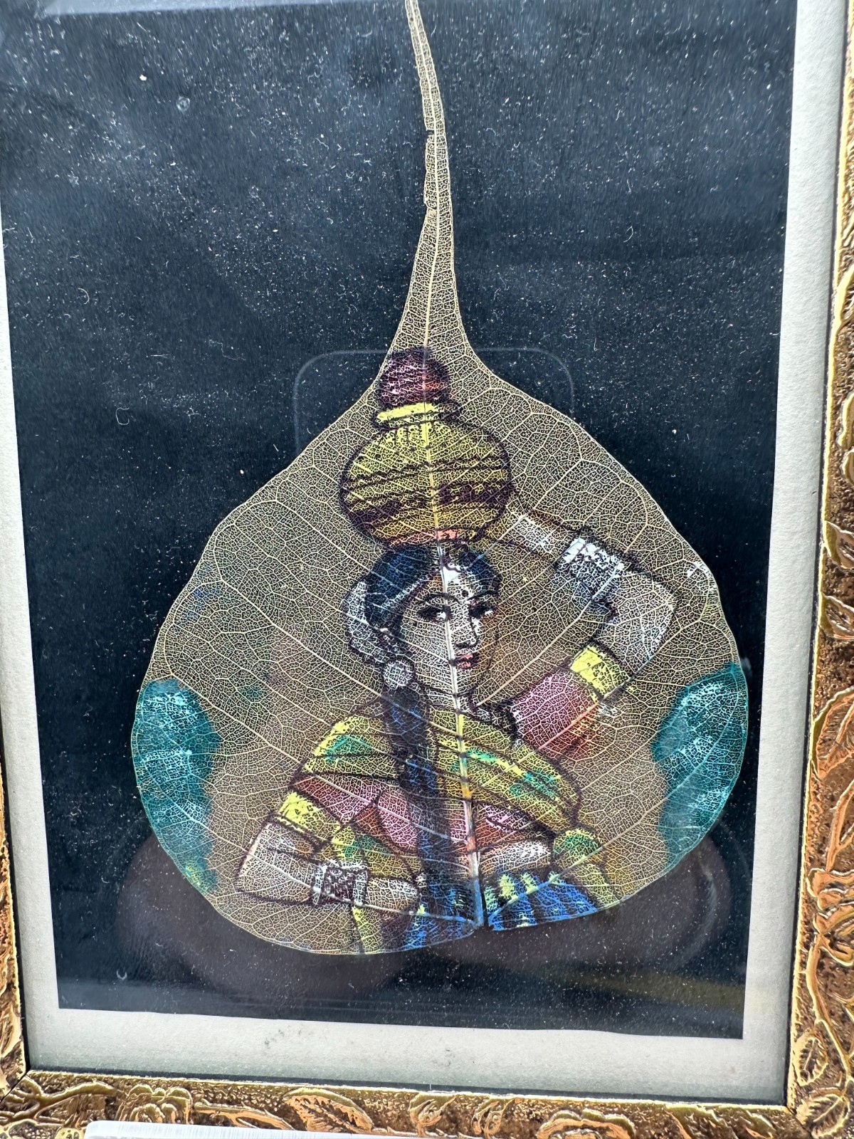 Indian Pipal Leaf Skeleton Painting Woman Carrying Pot Framed Art 7×5