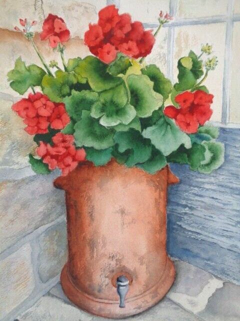 Original Beautiful RED GERANIUM FLOWERS GARDEN FLORAL Watercolor Painting ART