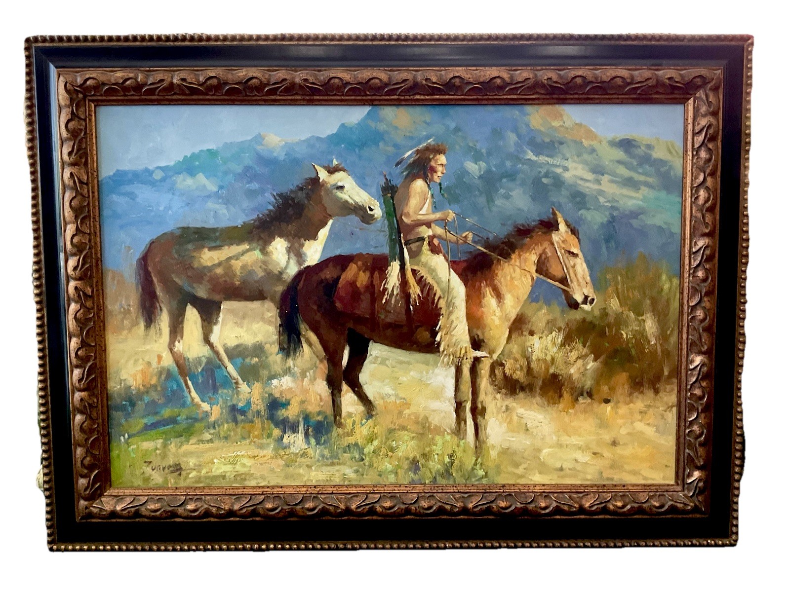 Vtg Western Native American Indian Portrait Man & Horses Oil Painting Signed