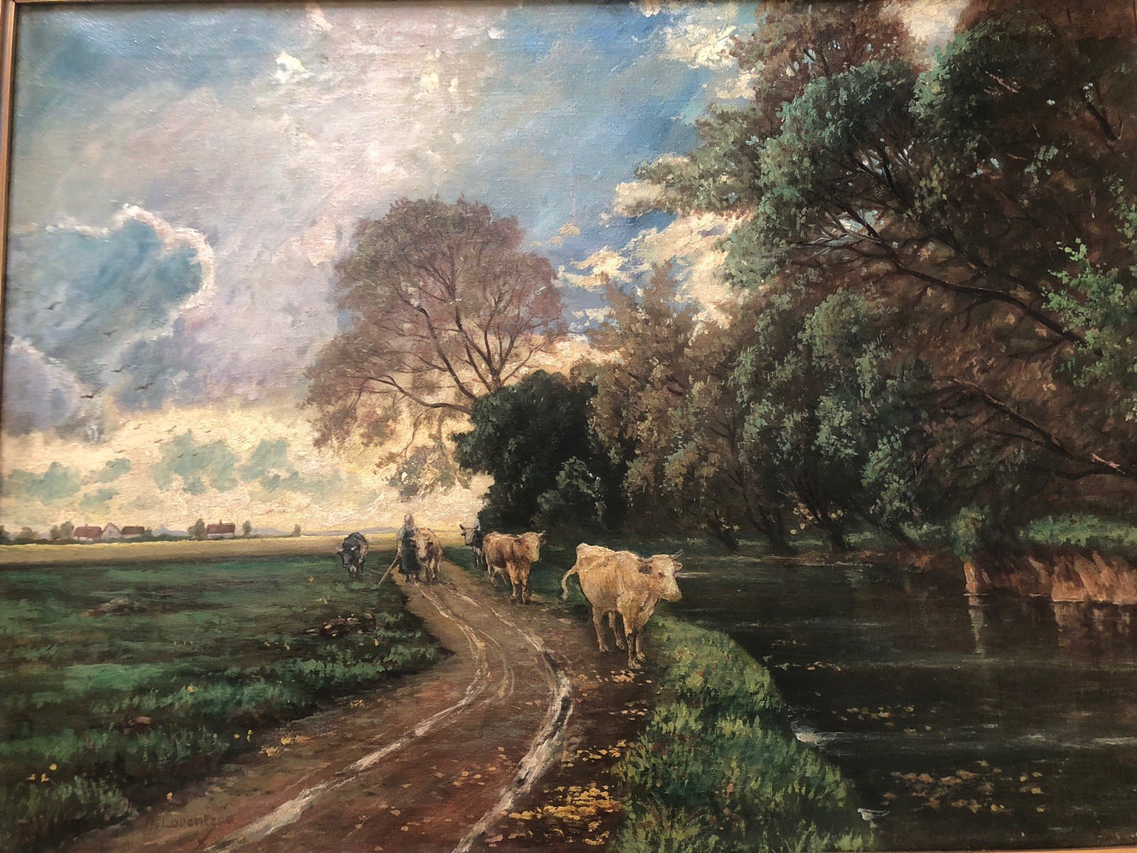 German Artist Carl F. Adolph Lorentzen 1801-1880 Landscape Cows 19C Oil Painting