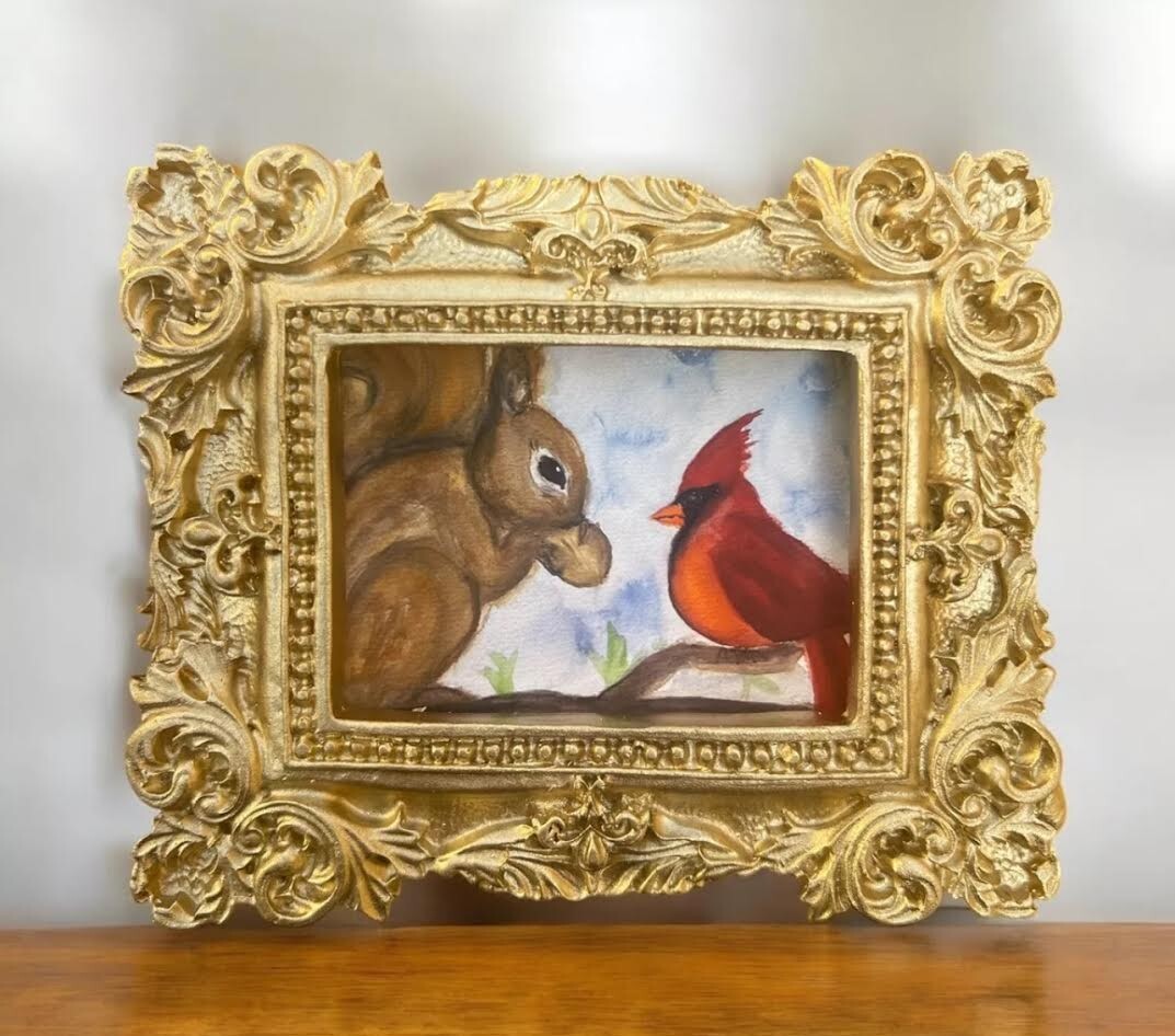 mini paintings & prints of birds & animals, vintage style ornate frame, mini art