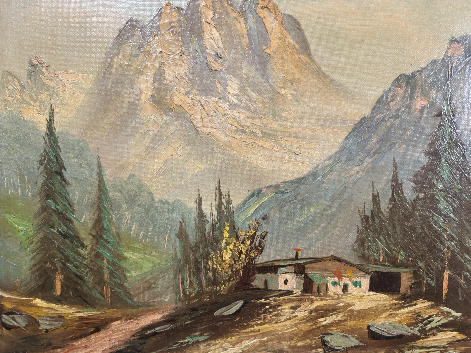 Oil On Canvas Signed Mountain Landscape Austrian Or German School 20th Century