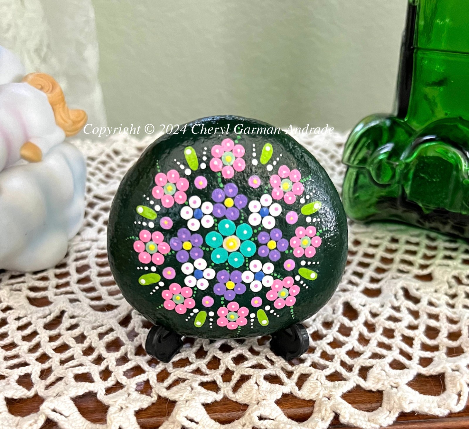 Original Dot Painted Stone Green Flower Mandala by Cheryl Andrade
