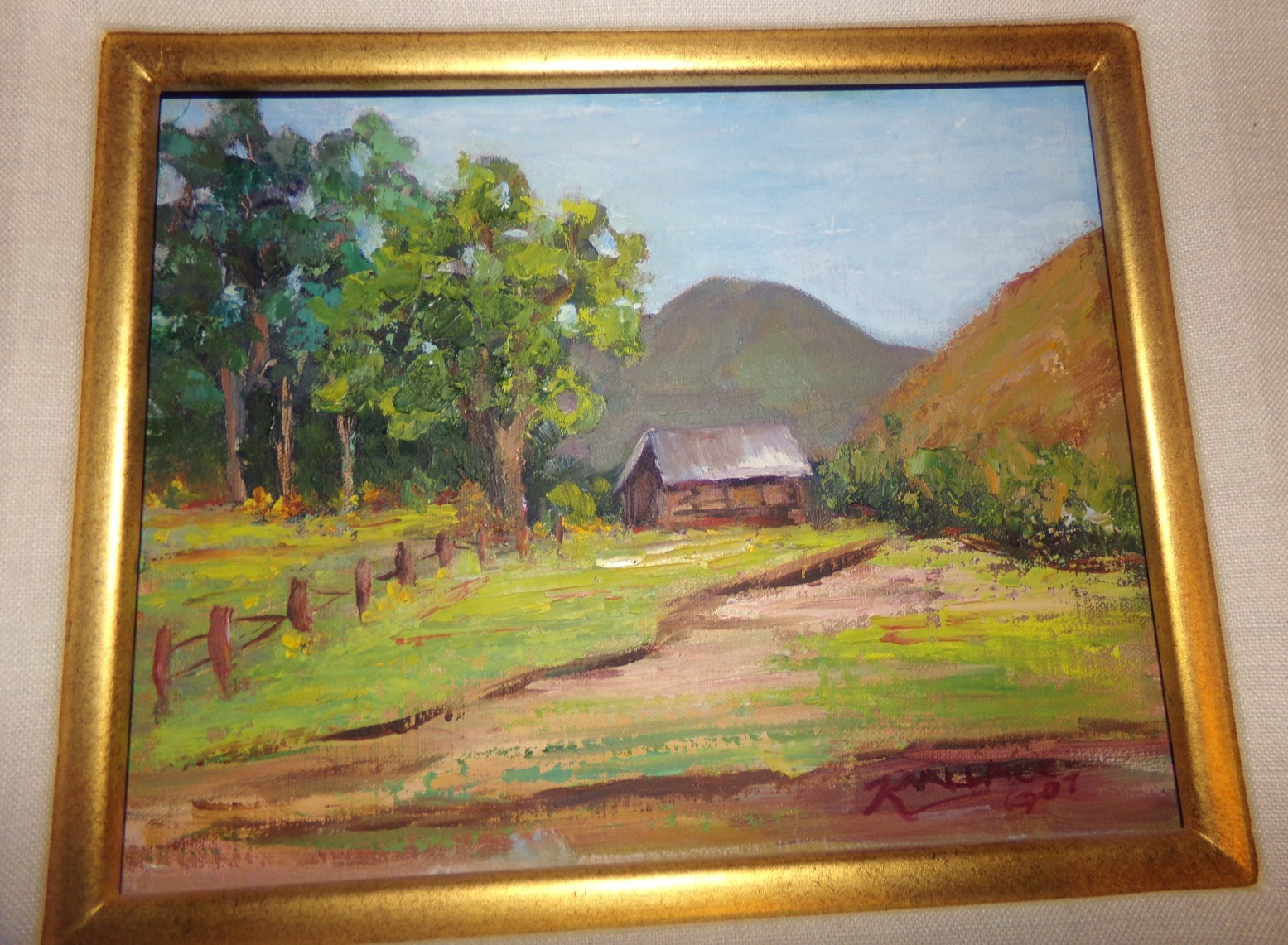 Hand Painted Antique Oil Painting of Rural Country Cottage & Nature 1907 Signed
