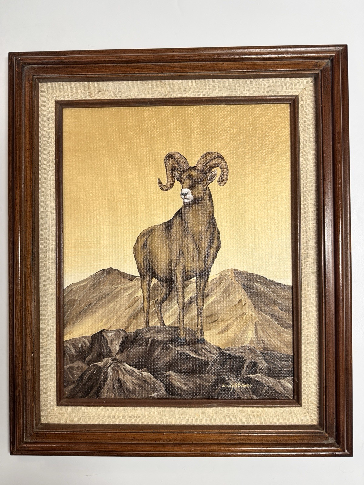 Orig. Painting Ram Big Horn Sheep Framed Wood Man Cave Hunter Sportsman Cabin