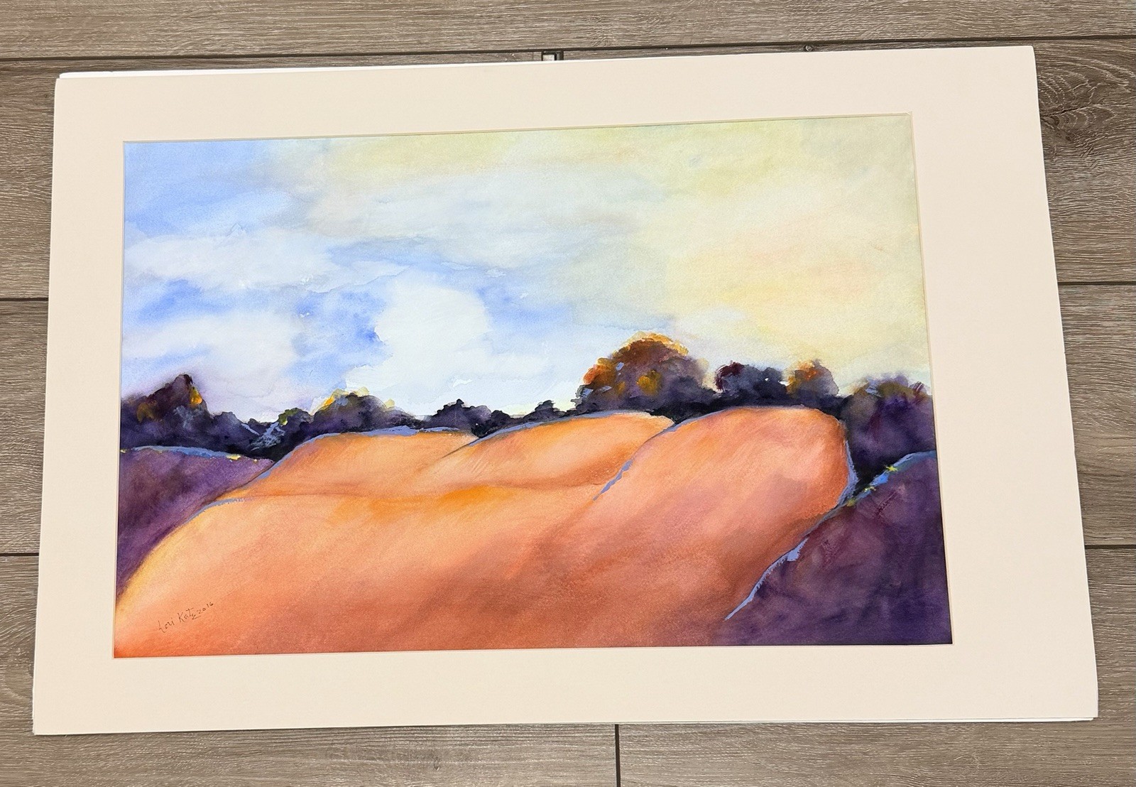 Original Watercolor Brown Hills 27×18 Landscape Signed LR69 Matted Art