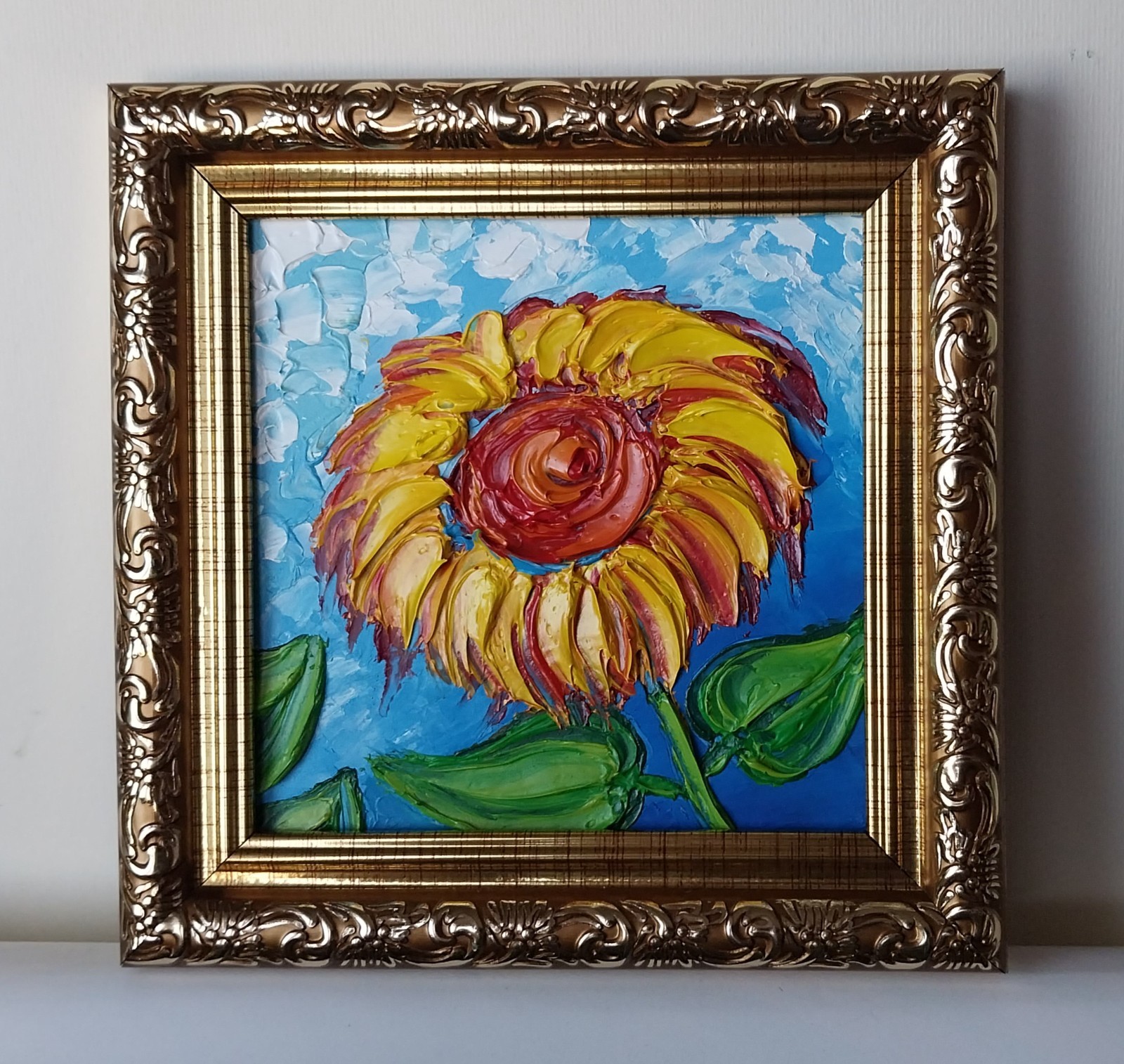 Framed Bright Sunflower Yellow Summer Flower 4×4″ Impasto Oil Painting Original