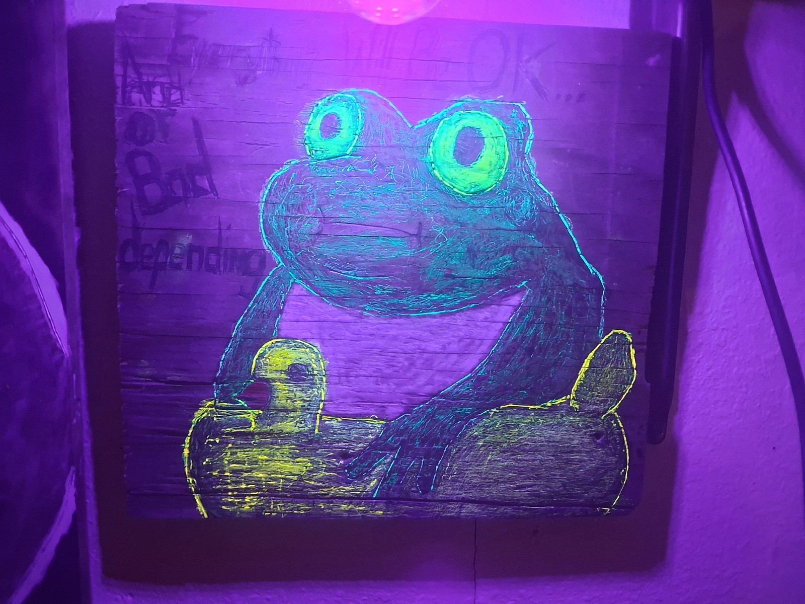 Wood Burning With Acrylic And Blacklight Reactive Highlights.
